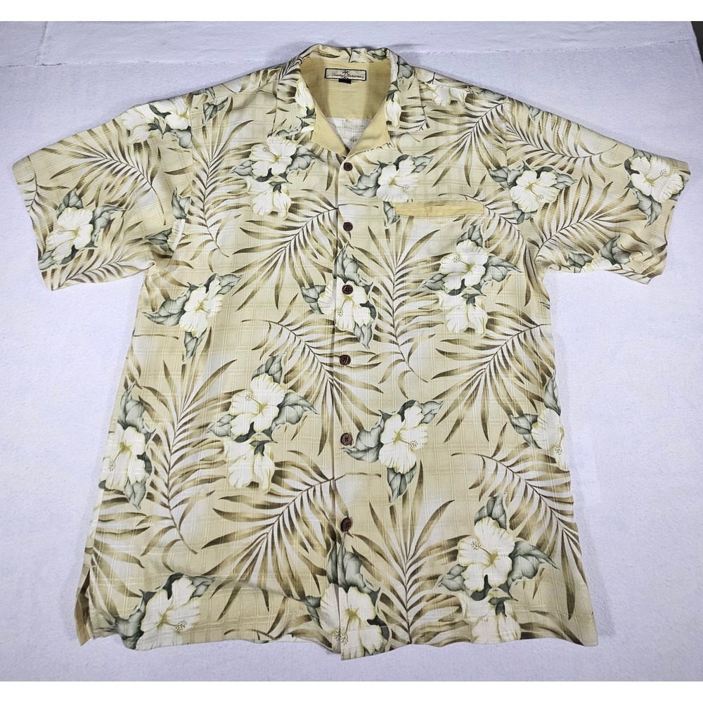 Tommy Bahama‎ Relax Mens Medium Silk Tropical Hibiscus Palm Camp Shirt Beige Tan